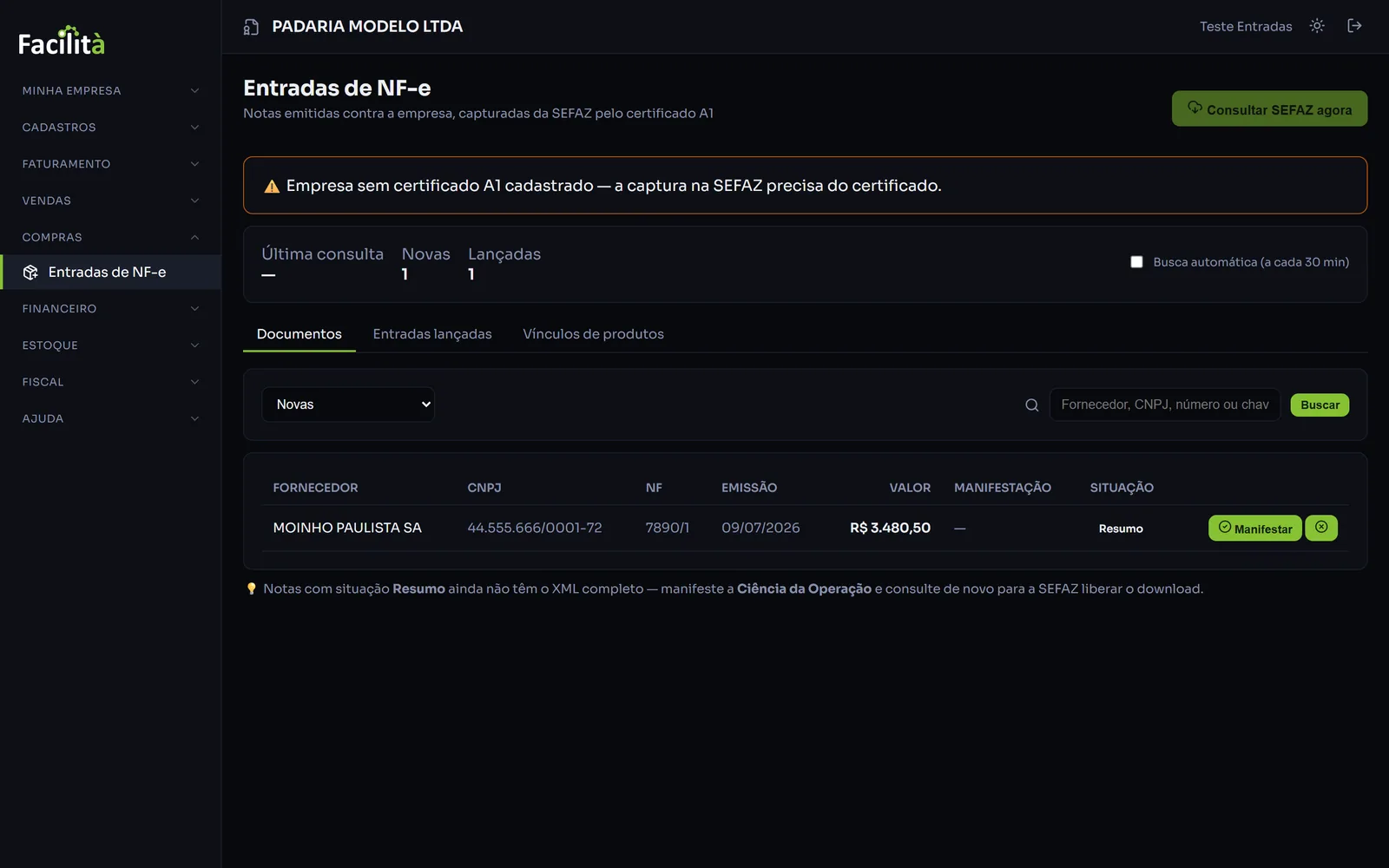 Tela de entradas de NF-e do Facilità com notas capturadas da SEFAZ